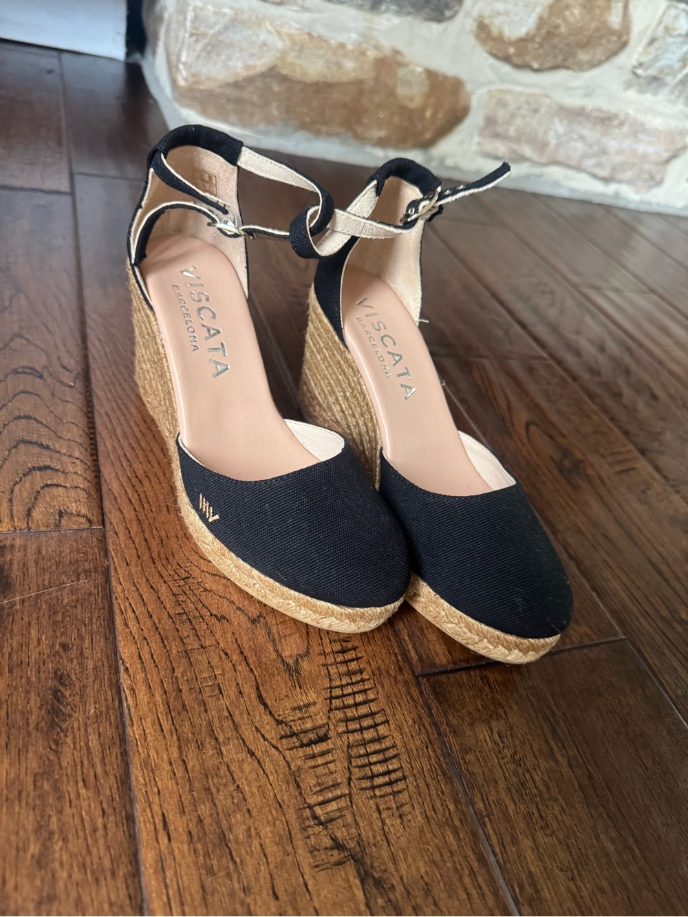 Viscata Barcelona Black Espadrille Wedge Sandals with Ankle Strap